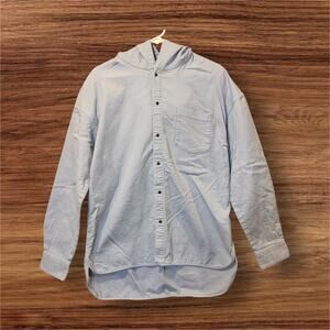 Urban Revivo Textured Light Blue Hooded Cotton Shirt Utility Minimalist Oversize